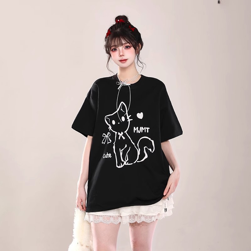 地雷系 子猫ちゃんプリントゆるだぼ半袖Tシャツ