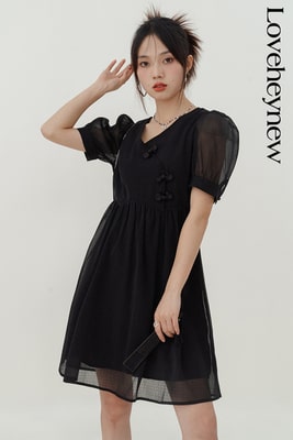地雷系ファッション Vネックチャイナ風シフォンワンピース