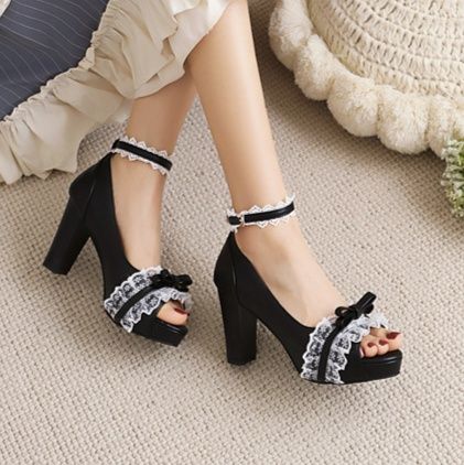 地雷系 姫系レースフリル付き太ヒール厚底サンダル