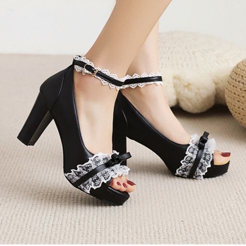 地雷系 姫系レースフリル付き太ヒール厚底サンダル