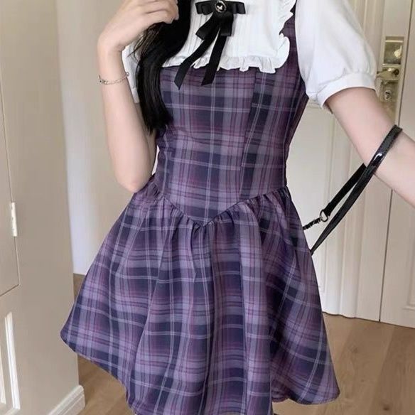 地雷系 フリル襟リボン付きチェック柄ジャンパースカートセット