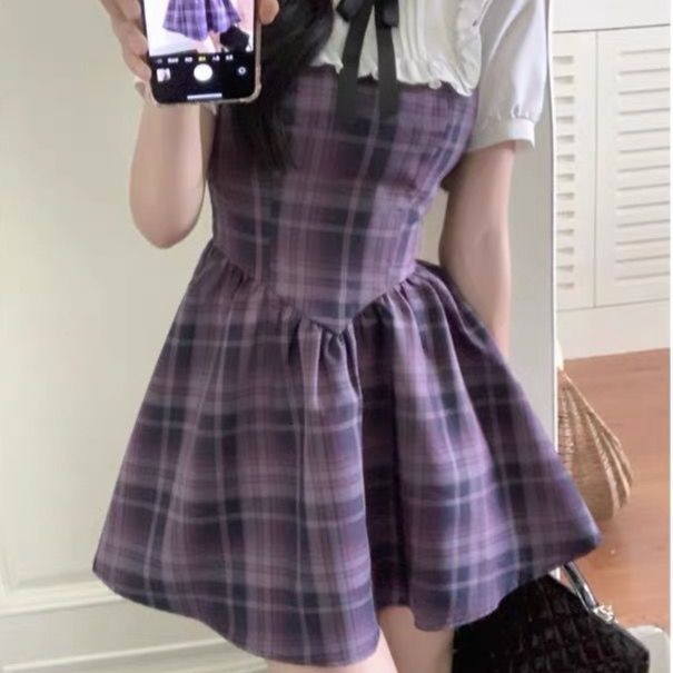 地雷系 フリル襟リボン付きチェック柄ジャンパースカートセット