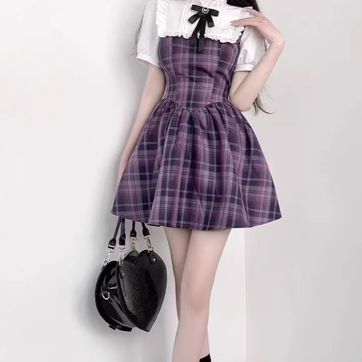 地雷系 フリル襟リボン付きチェック柄ジャンパースカートセット