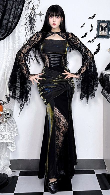 地雷系 蜘蛛の巣レース袖付き編み上げロングワンピース