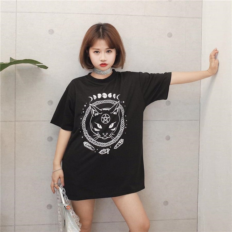 地雷系ファッションミステリアスキャットTシャツ