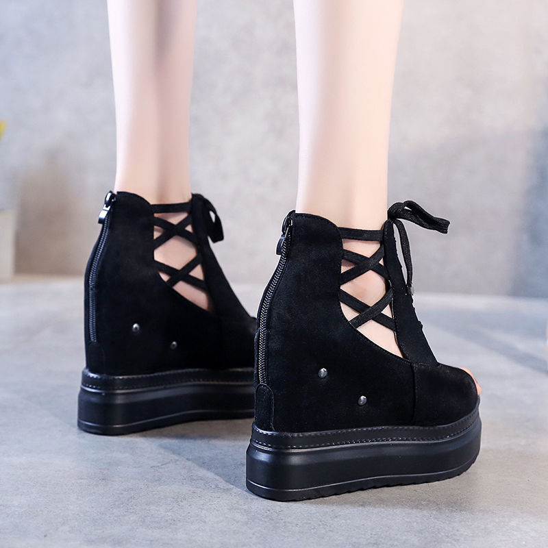 地雷系 編み上げリボン付き厚底ウェッジソールサンダル