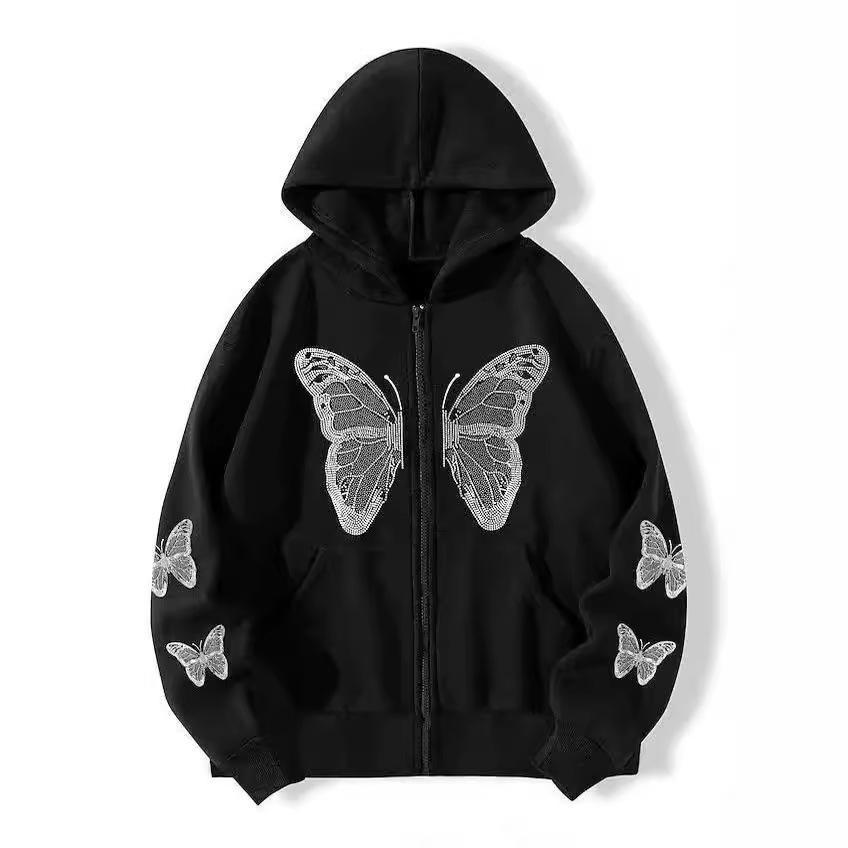地雷系 蝶々刺繍ジップアップゆるかわパーカー