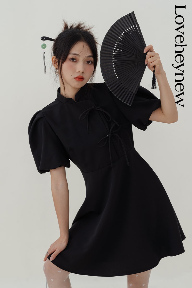 地雷系ファッション チャイナ風バルーンスリーブワンピース