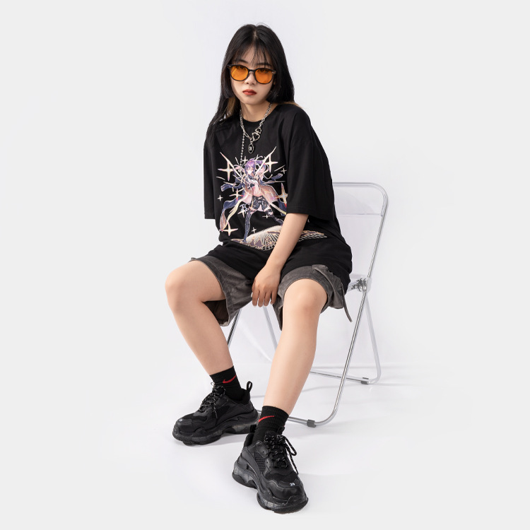 地雷系ファッション 漫画風プリントルーズ半袖Tシャツ