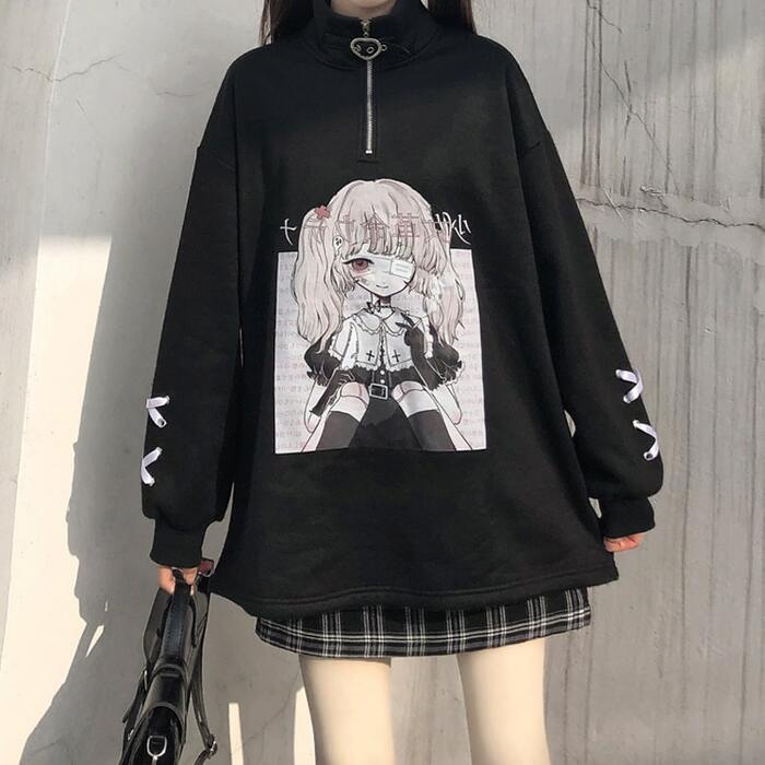 地雷系ファッション 女の子イラストプリント長袖Tシャツ