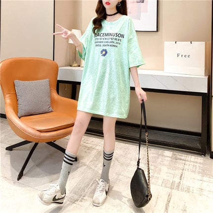 地雷系ファッション お花のイラスト付きミドル丈Tシャツ