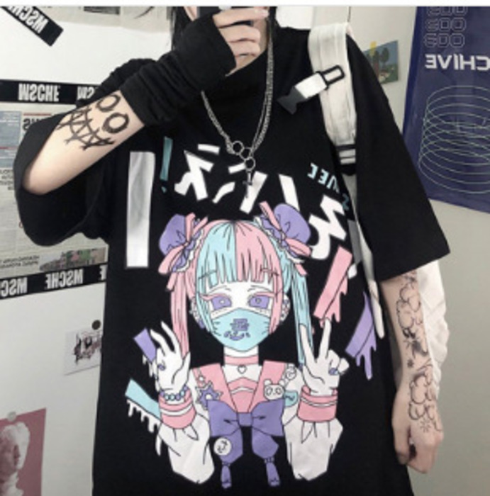 地雷系ブラックメタルプリントＴシャツ