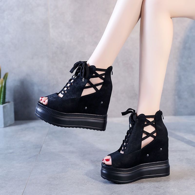 地雷系 編み上げリボン付き厚底ウェッジソールサンダル