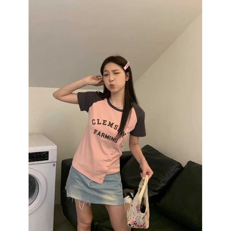 地雷系 配色切替ラグランスリーブロゴプリント半袖Tシャツ