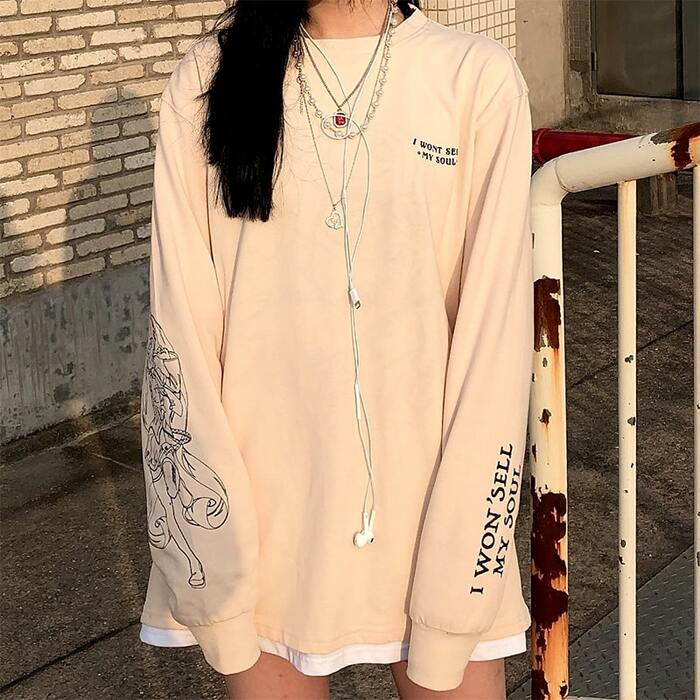 地雷系ファッション 女の子イラスト入り ロング Tシャツ