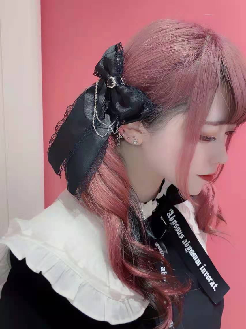 地雷系ファッション ブラックレース リボンヘアピン