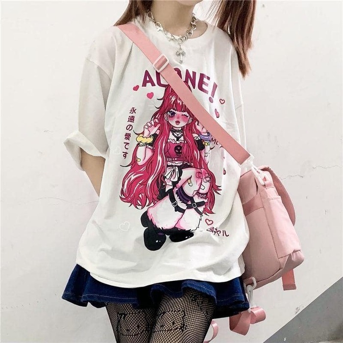 地雷系ゴスロリ少女グランジプリントＴシャツ