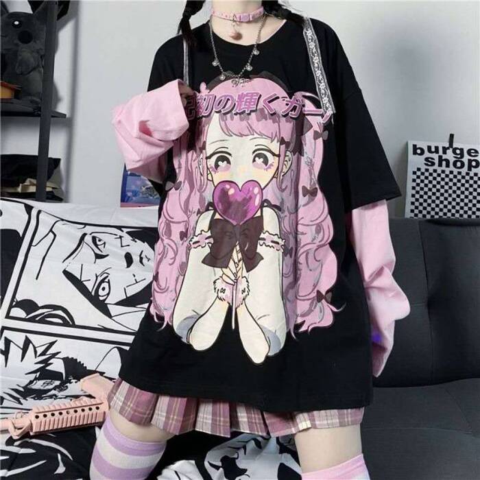 地雷系パッチワーク長袖漫画プリントロングＴシャツ