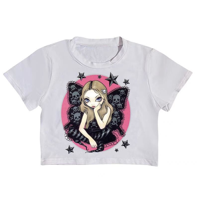 地雷系ファッション イラスト入り半袖クロップTシャツ