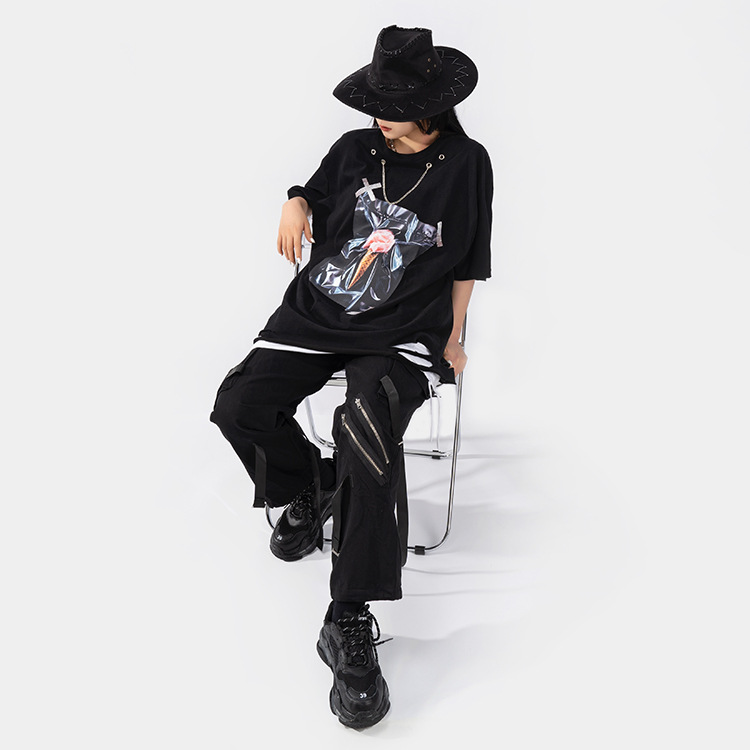 地雷系ファッション アイスクリームステッカープリントルーズTシャツ