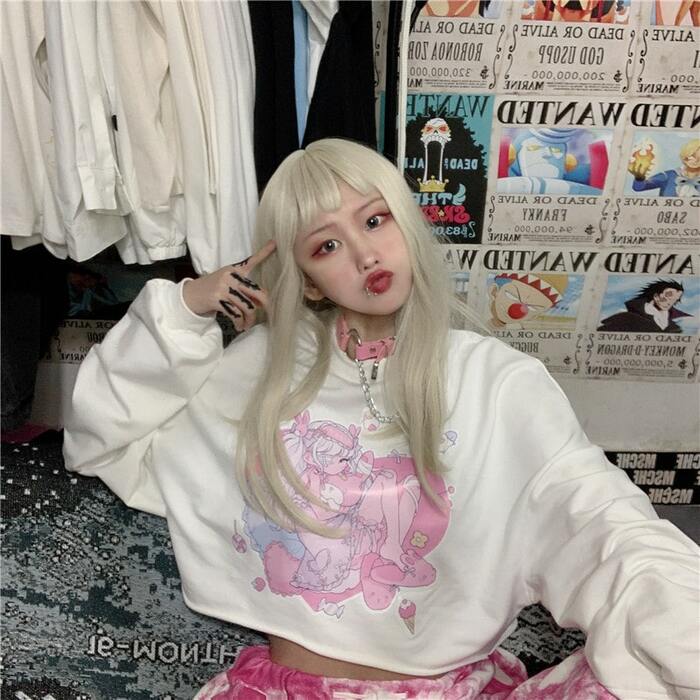 地雷系ファッション　夢かわイラスト入り長袖Tシャツ