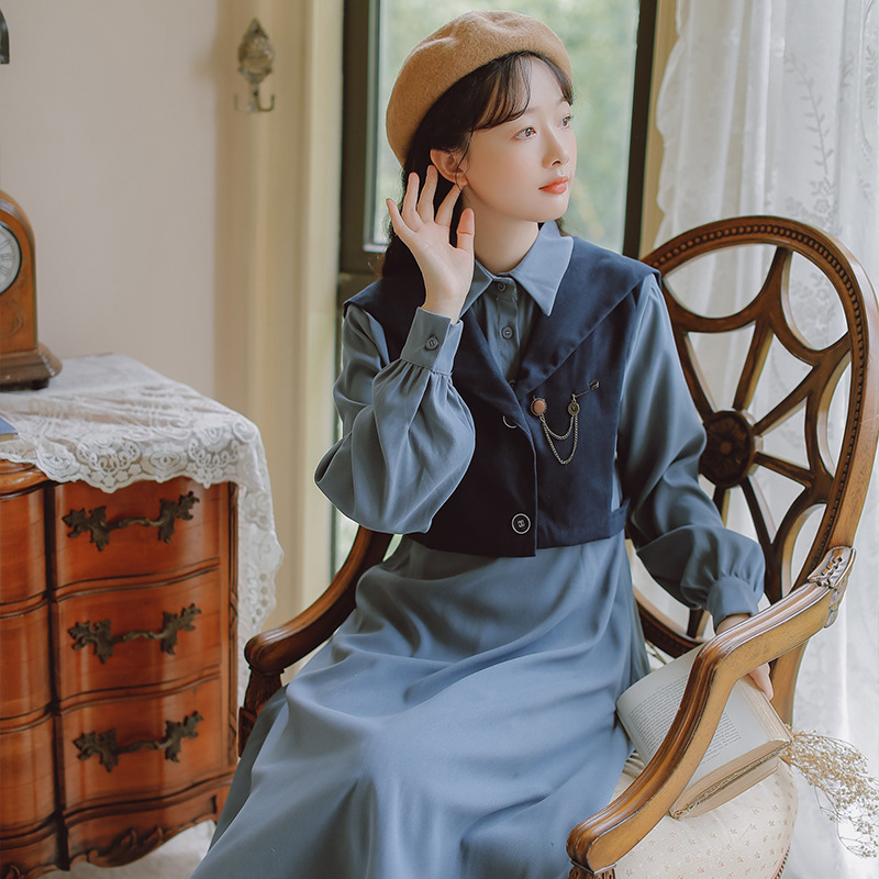 地雷系ファッション 文学少女風のワンピース＋ベストセット