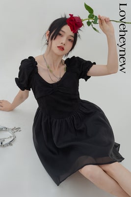 地雷系ファッション スクエアネック ビックリボンシフォンワンピース