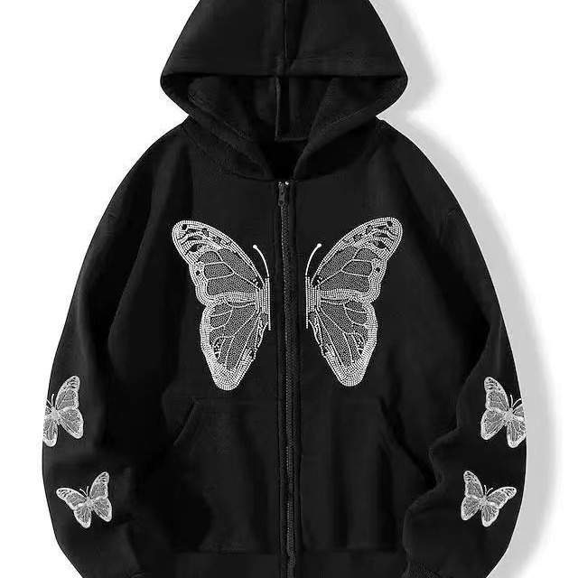 地雷系 蝶々刺繍ジップアップゆるかわパーカー