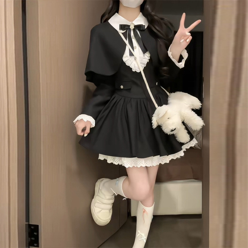 地雷系 襟付きフリル装飾リボン付きプリーツワンピース