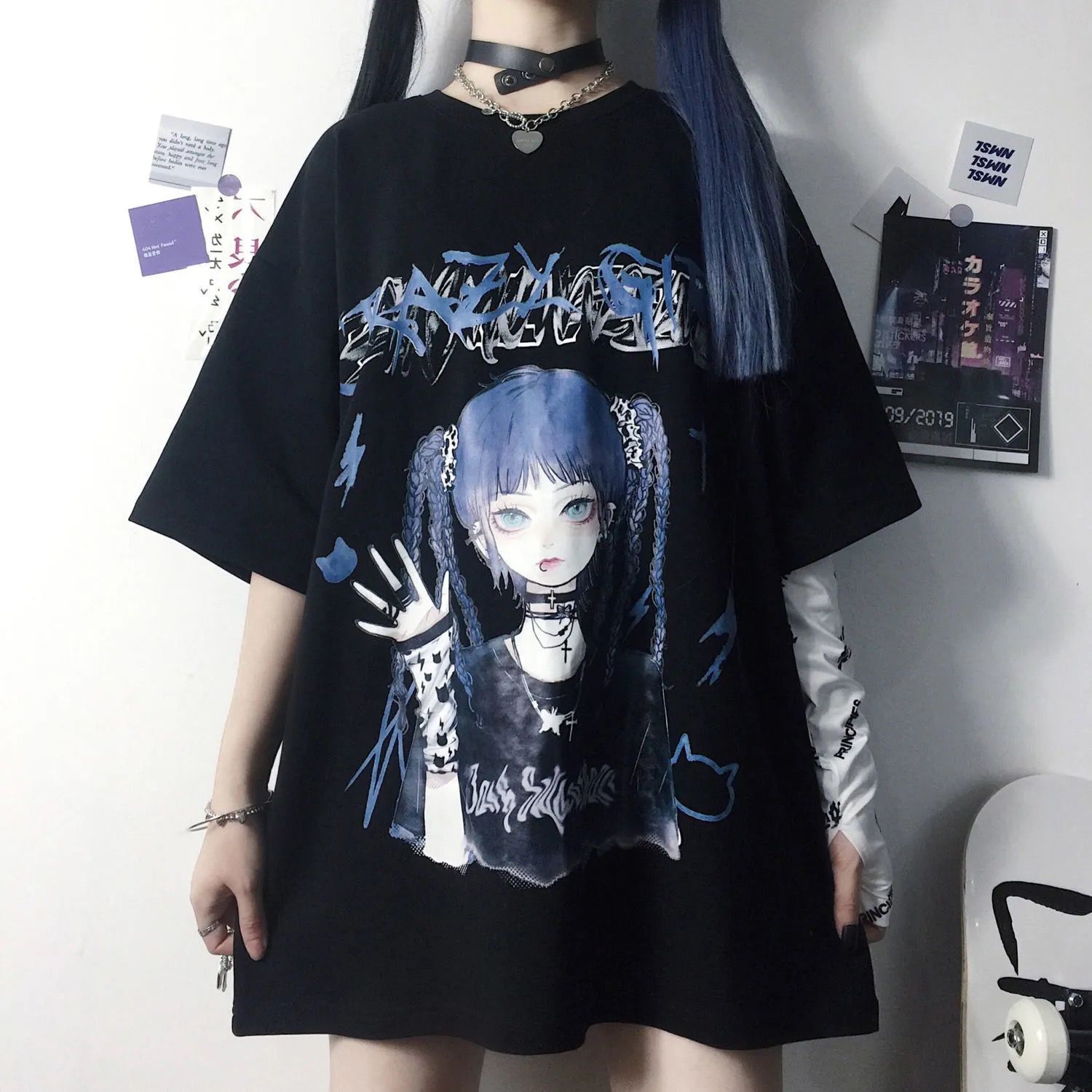 地雷系 病み可愛い少女グラフィックビッグシルエットTシャツ