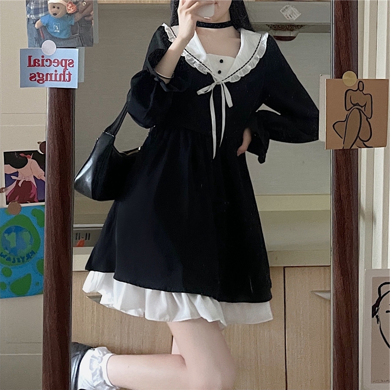 地雷系ファッション 黒色 ハイウエストセクシーワンピース