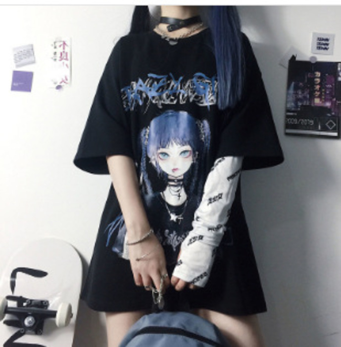 地雷系ブラックメタルプリントＴシャツ