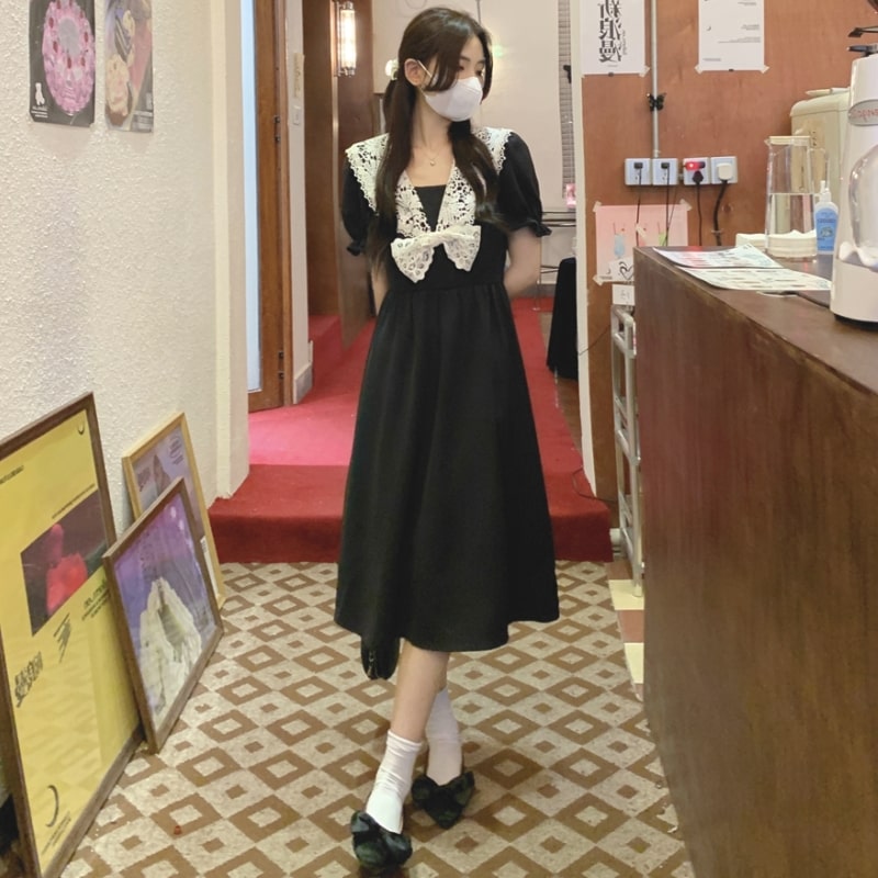 地雷系ファッション レースビックリボンフレアワンピース