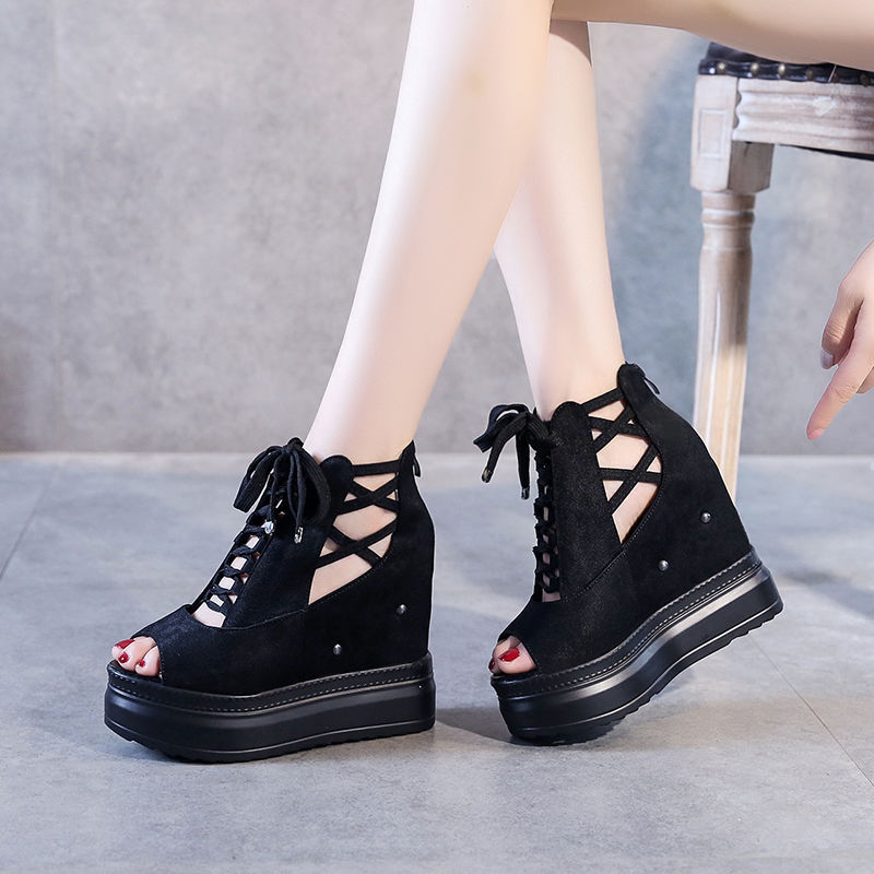 地雷系 編み上げリボン付き厚底ウェッジソールサンダル