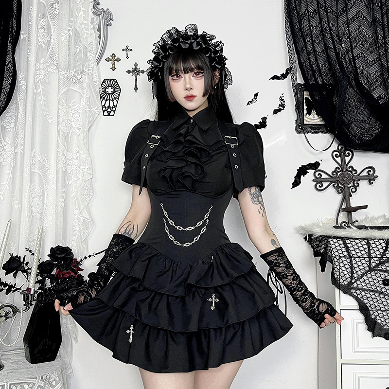 地雷系 ゴシック襟付き多重フリル十字架チェーン装飾ワンピース