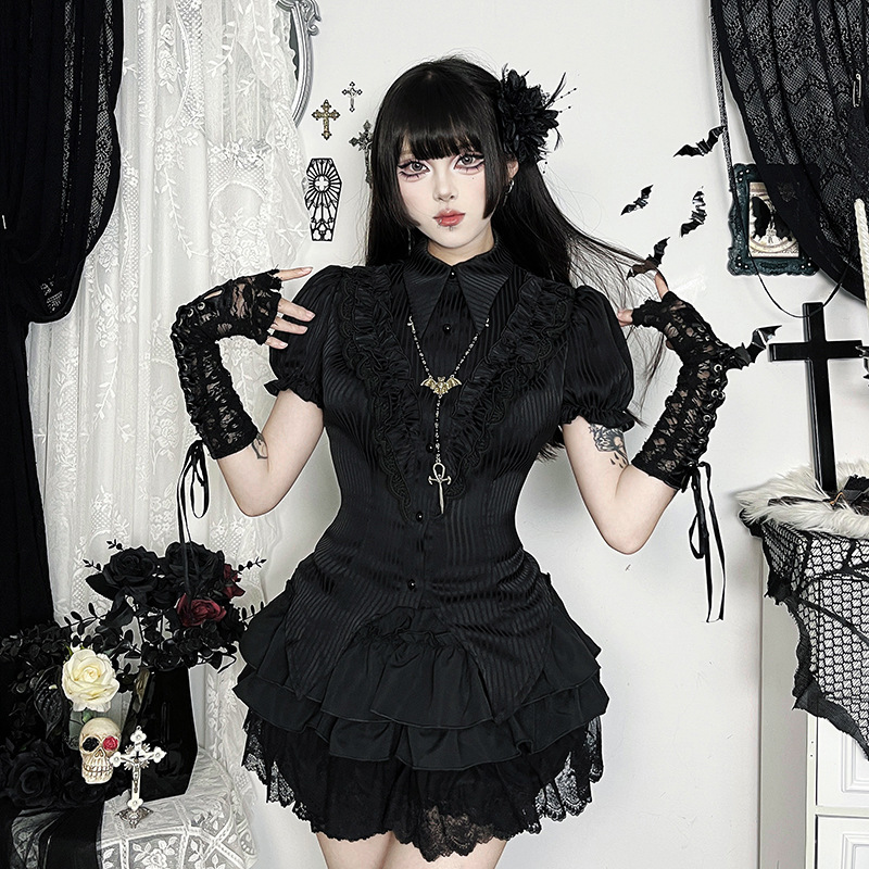 地雷系 華やか襟フリルパフスリーブ半袖ブラウス