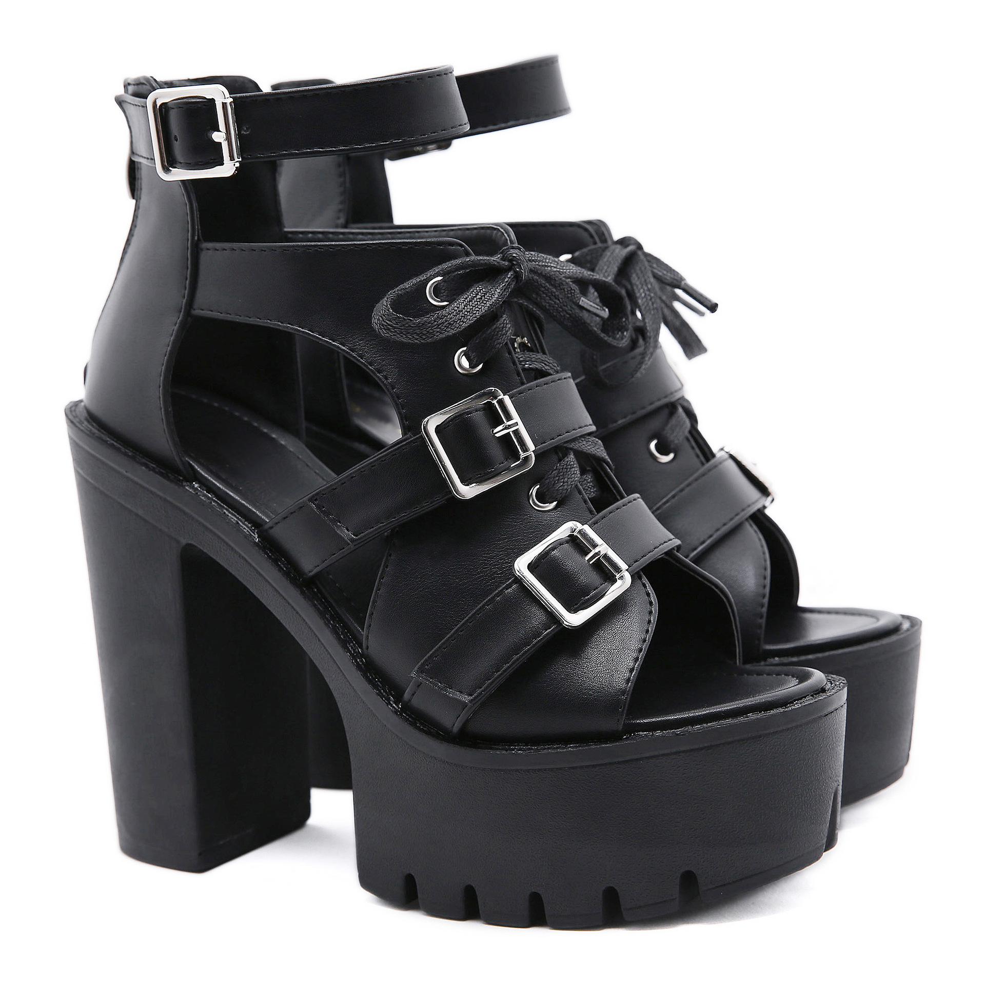 地雷系 編み上げベルト付き厚底サンダルブーツ