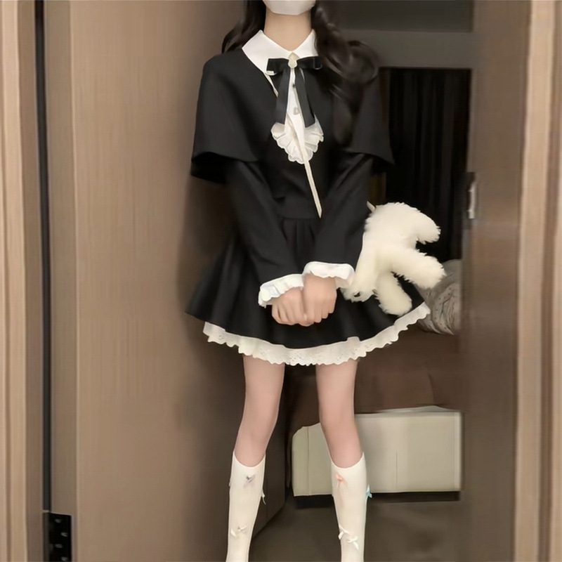 地雷系 襟付きフリル装飾リボン付きプリーツワンピース