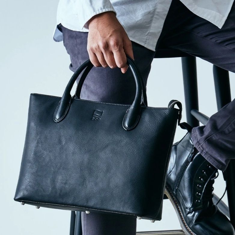 メンズトートバッグ 本革仕立てシンプル丸型持ち手ミニ手提げ鞄