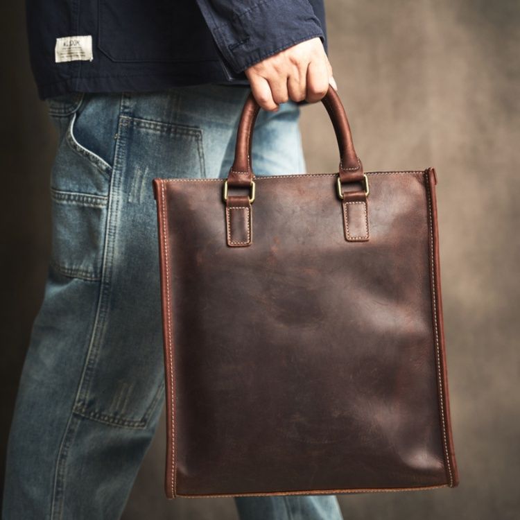 メンズトートバッグ 本革仕立て二通り持ち手縦長トートバッグ