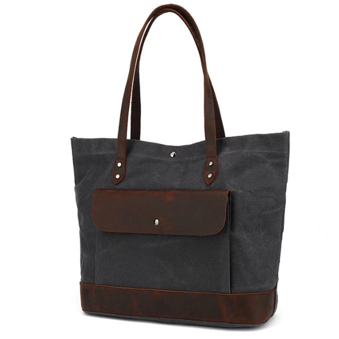 メンズトートバッグ 本革切替フロントポケット付き大容量帆布鞄