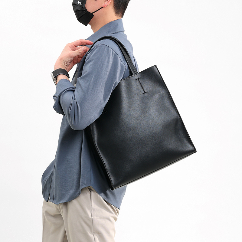 メンズトートバッグ シンプルレザー調縦型通勤トートバッグ