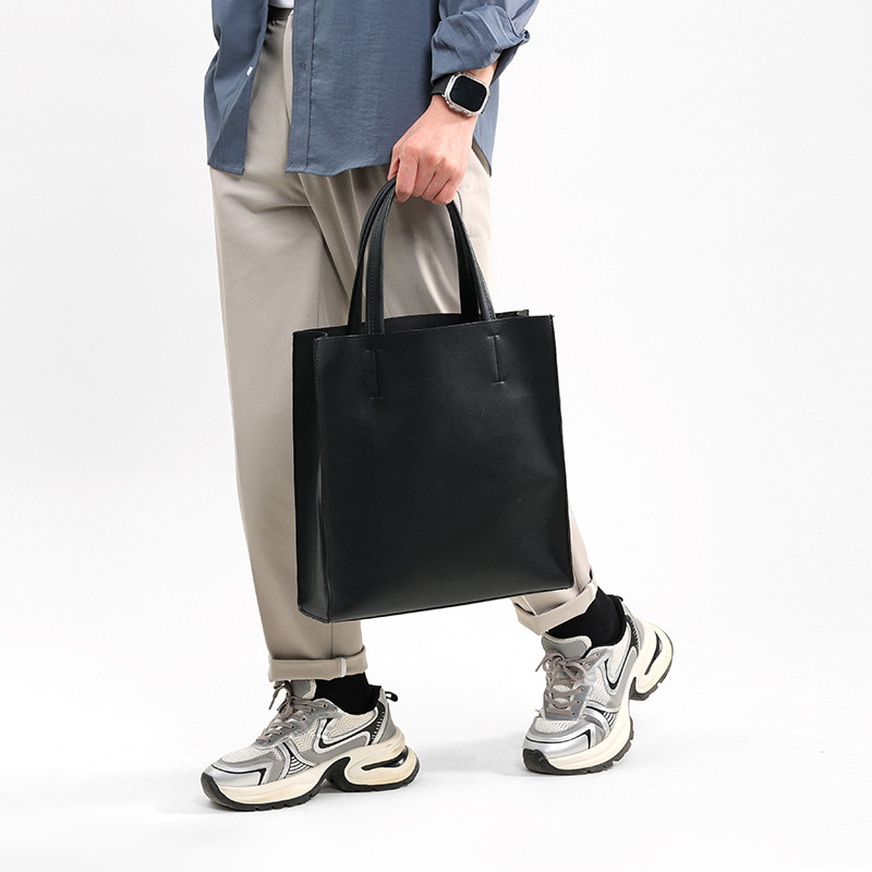 メンズトートバッグ シンプルレザー調縦型通勤トートバッグ