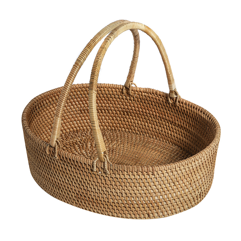 カゴバッグ 天然籐編み円形持ち手付きピクニック籠