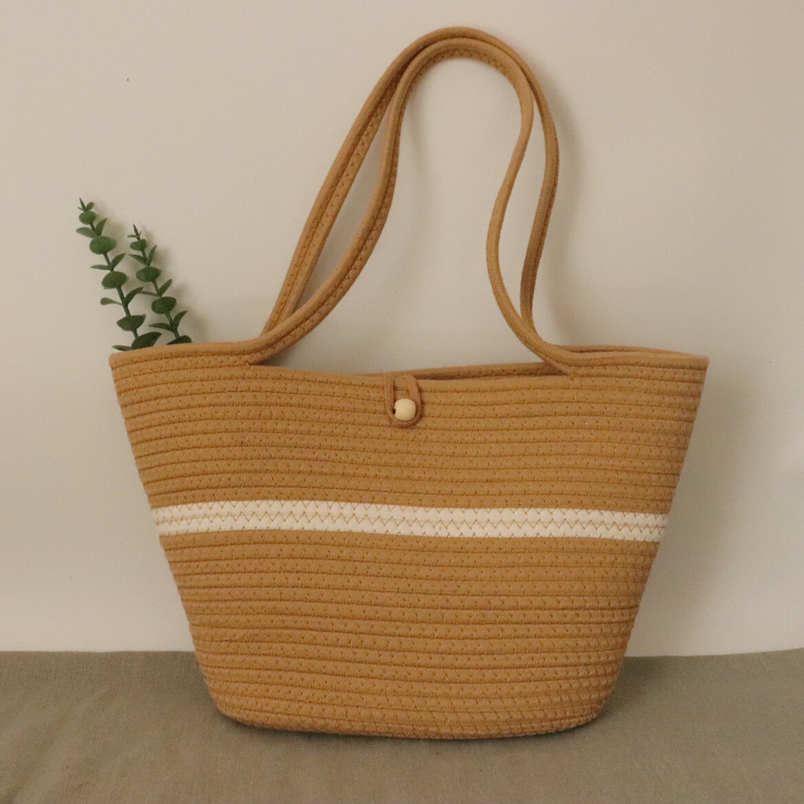 カゴバッグ ボーダーライン編み込みロープ素材トート