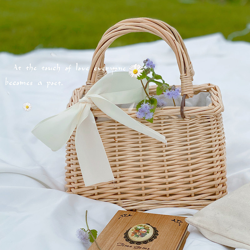 カゴバッグ リボン付き籐編みハンドバッグ型カゴバッグ