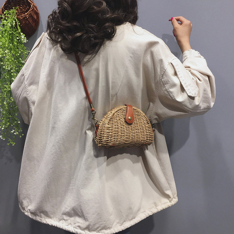 カゴバッグ 半円形編み込みショルダー付きカゴバッグ