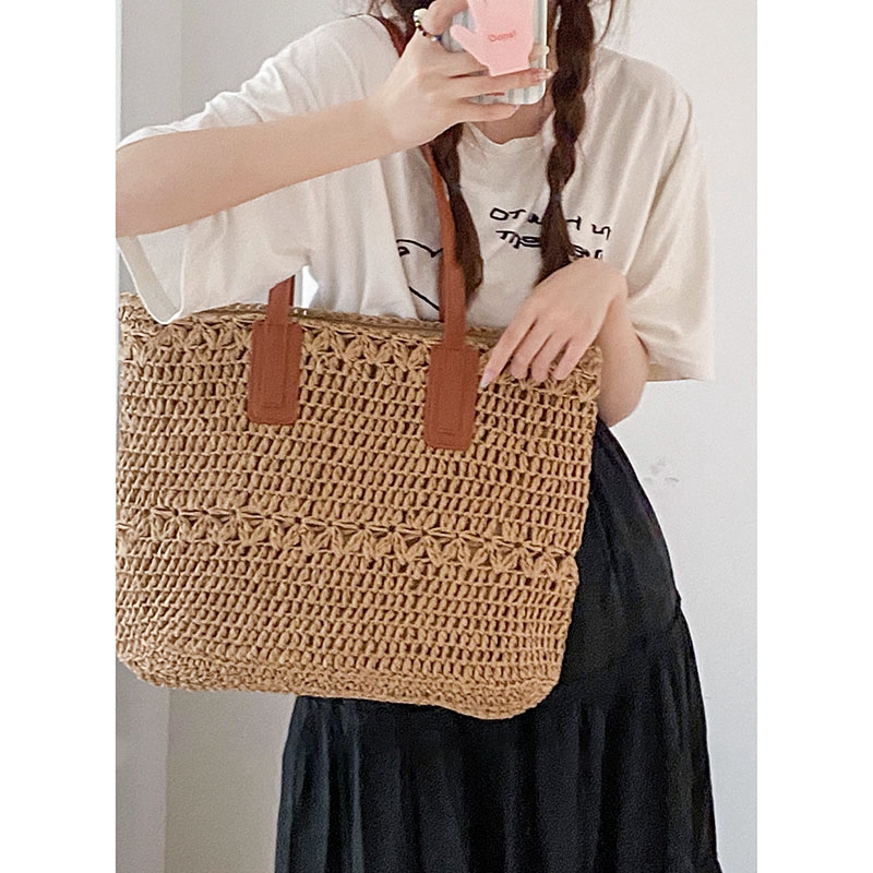 カゴバッグ 異素材編み切り替えデザイン手提げかごバッグ