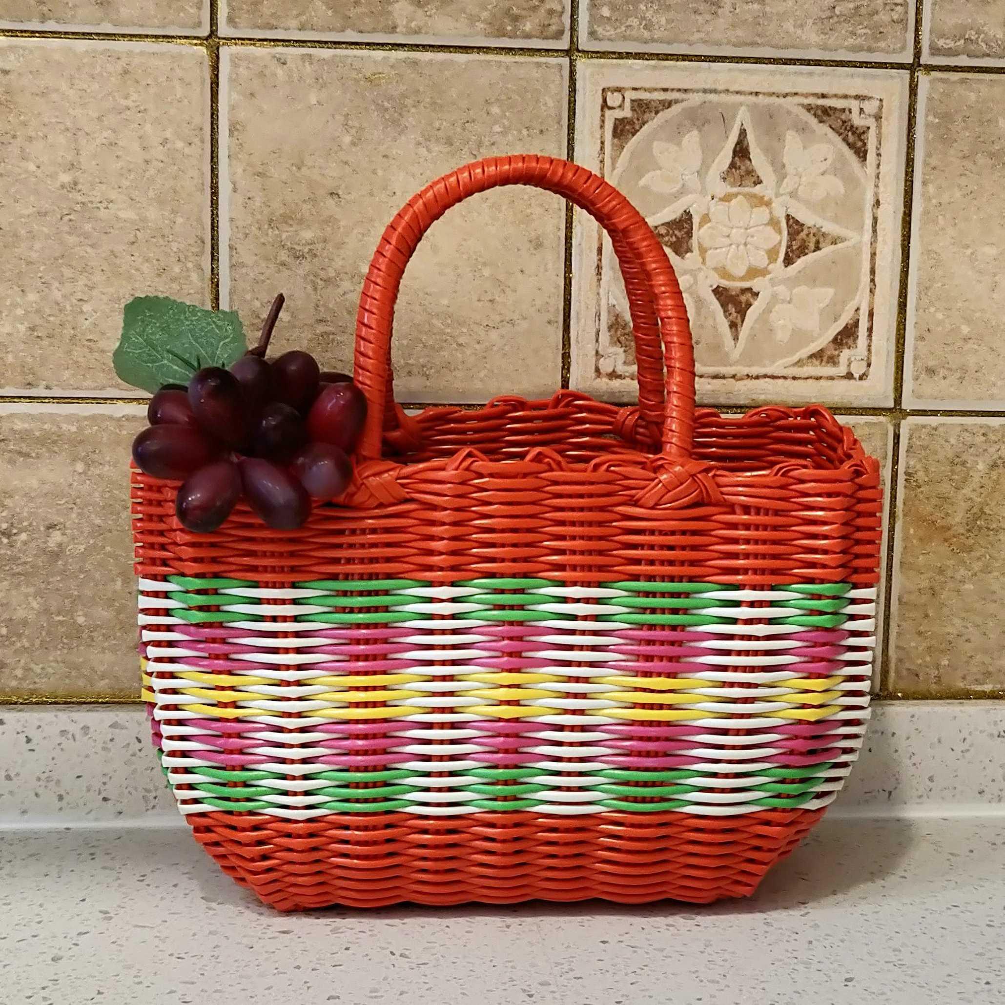 カゴバッグ 手編み風カラフル縞模様のハンドル付きかご手提げ鞄