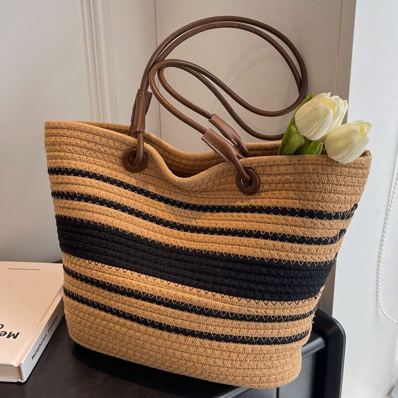 カゴバッグ ボーダーライン編み込みトートバッグ